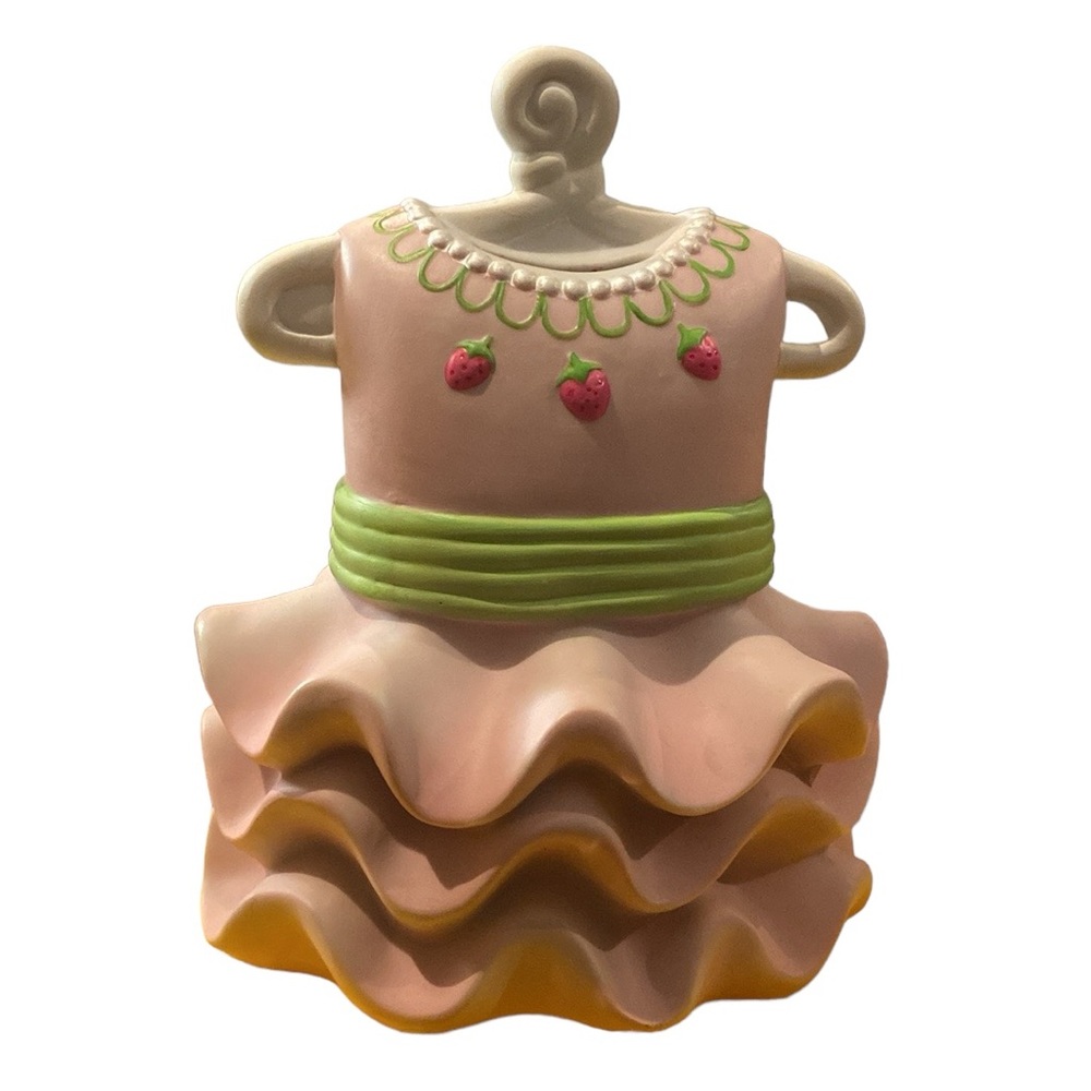Lady Jayne LTD Vintage Ruffled Girls Strawberries Pink Green Dress Coin Bank